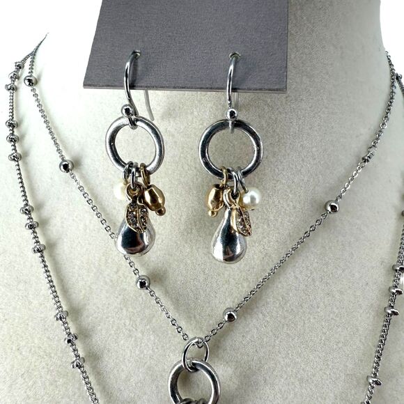 J. Jill Layered Necklace & Earrings Beaded Metal Pear Charm Rhinestone Dangle - Picture 7 of 11